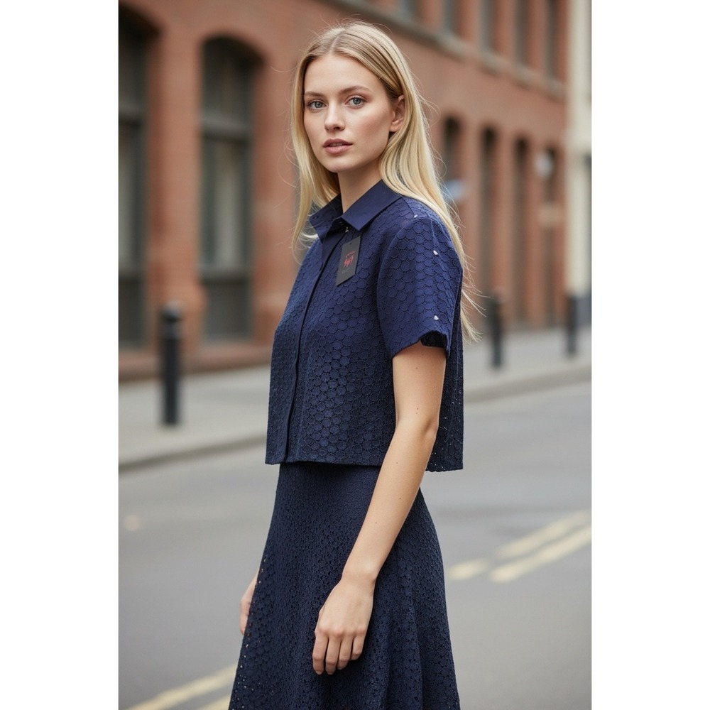 NACK Nigierian "Givin Dem" Navy Blue Eyelet Lace Cropped Short Sleeve Shirt XS